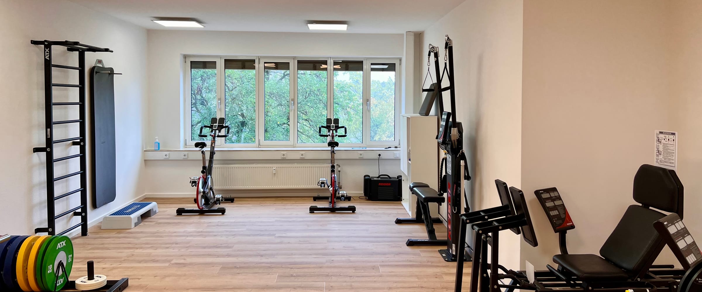 Trainingsfläche der Praxis PhysioPALO mit Sprossenwand, Ergometern und Trainingsgeräten